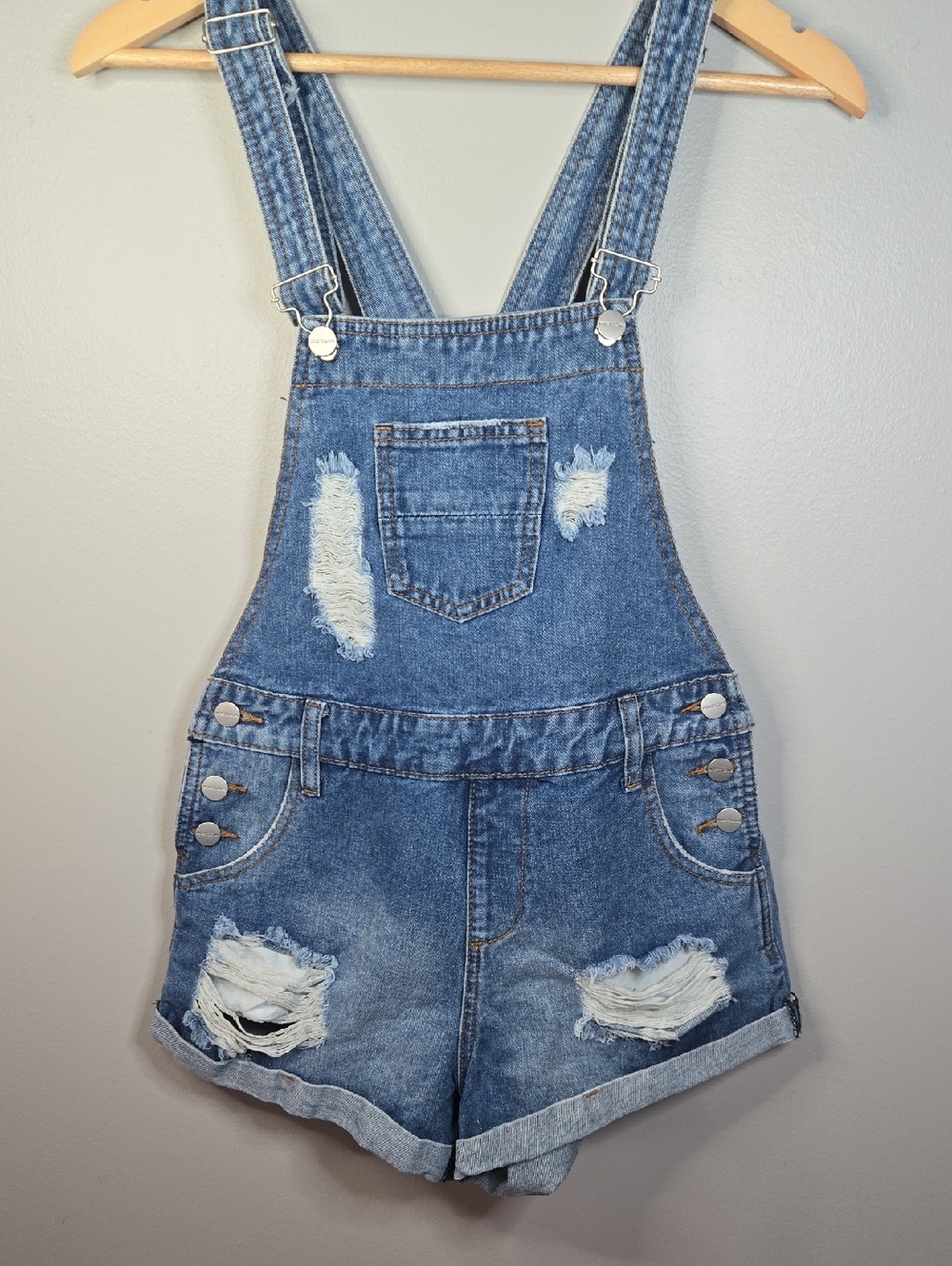 More to Come Size XS Distressed Blue Denim Overalls Shorts NEW